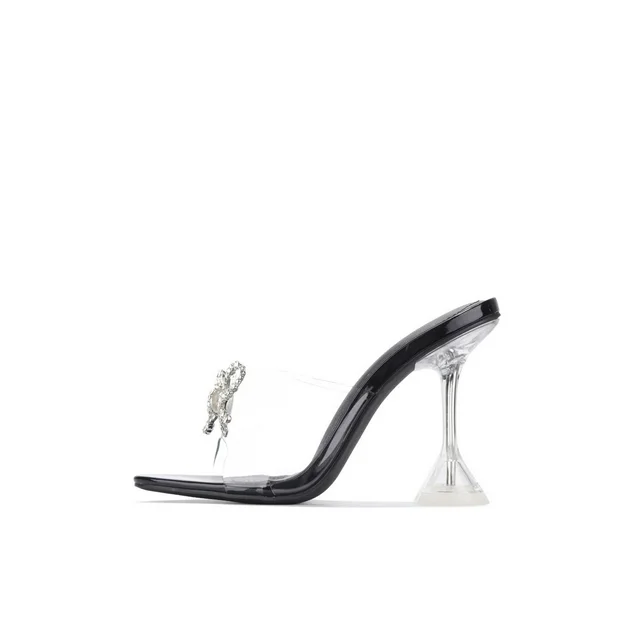 Cape Robbin Black Bad Guy Black Crystal Clear Open Toe High Heel Mule Pumps (10, BLACK)