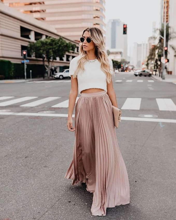 utcoco Women's Elegant Maxi Skirt High Waisted Pleated Chiffon Long Skirts for Women