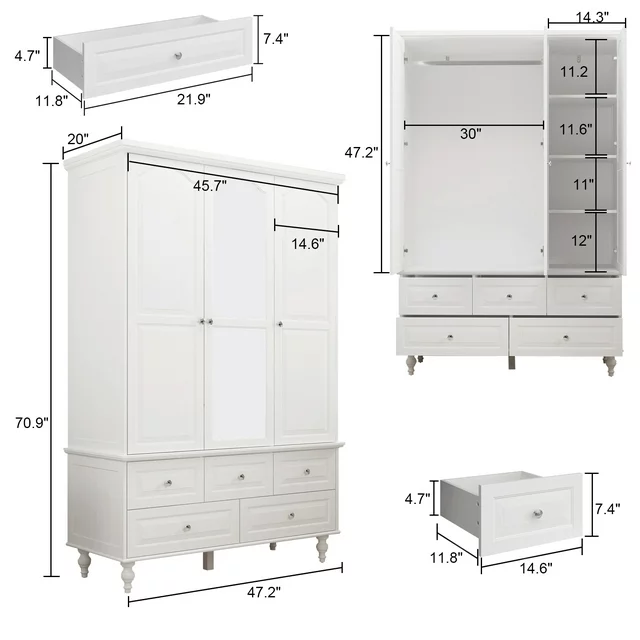 DiDuGo 3-Door Wardrobe Armoire Closet with 5 Drawers and Hanging Rod plus Mirror, White