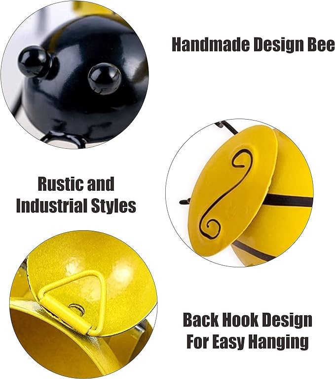 Yungeln Metal Wall Art, 4PCS Metal Bumble Bee Wall Decor, 3D Iron Bee Art Sculpture Hanging Wall Decorations for Outdoor Home Garden