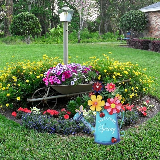 hogardeck Garden Decor for Outside, Metal Watering Can Decorative Garden Stakes with Flowers, Yard Art Welcome Spring Signs for Outdoor Lawn Backyard Porch Patio Garden Decorations