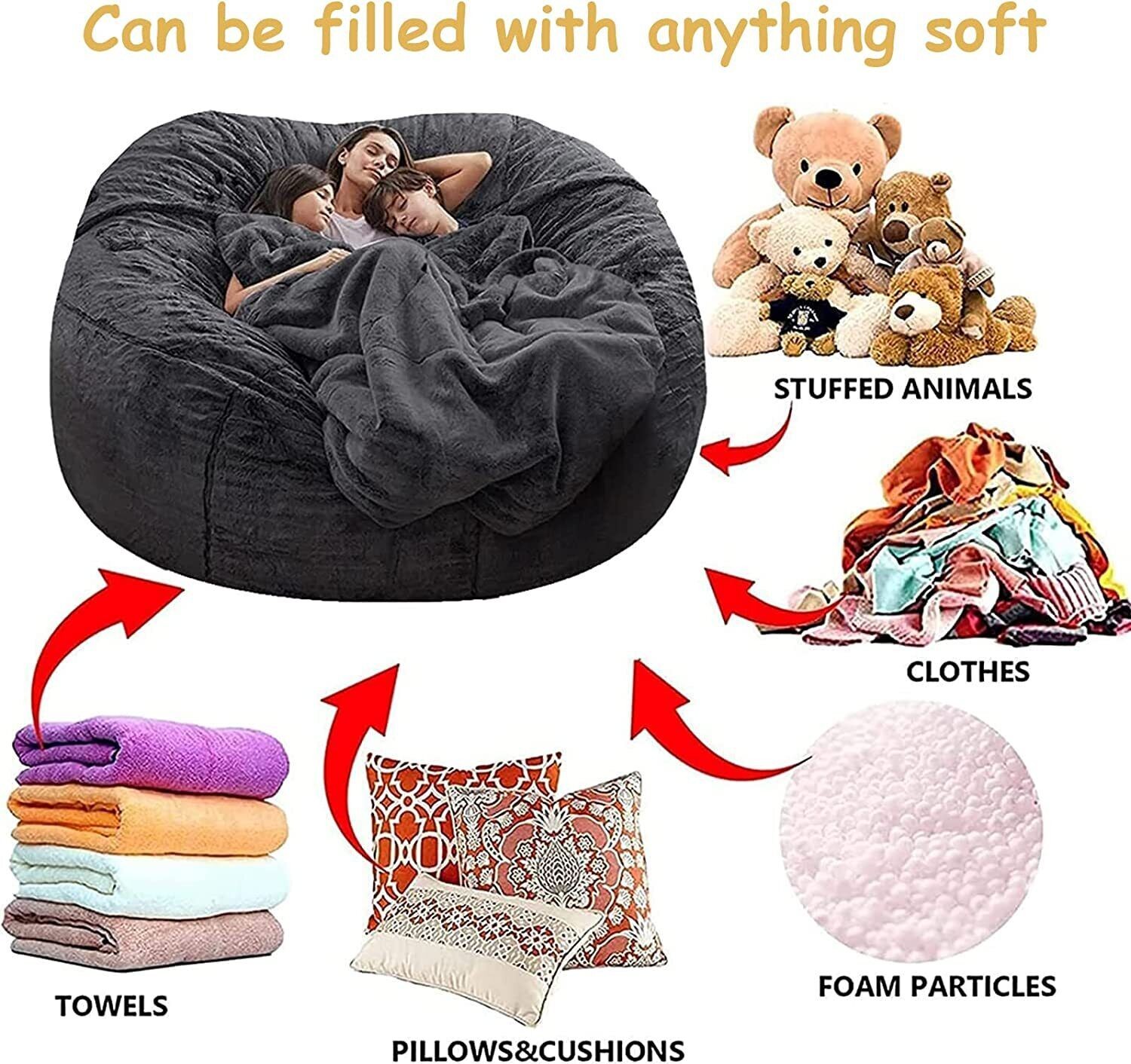 Microsuede 5FT 6FT Foam Giant Bean Bag Memory Living Room Chair Lazy Sofa Soft
