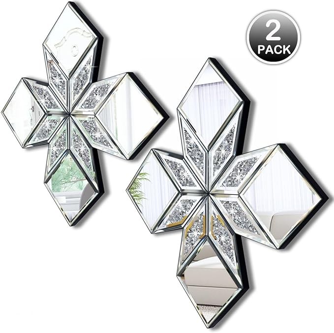VOHJD Crushed Diamond Decorative Mirror 2 Pack 16.75x16.75� Diamond Shape Glass Decor Wall Mirror for Home Decor, Accent Mirror
