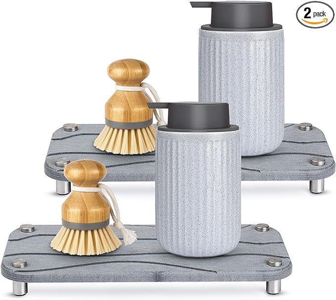 Kitchen Sink Caddy, Water Absorbing Stone Tray for Sink, Dries Instantly Kitchen Sink Organizer with Stainless Steel Feet Sink Tray for Soap Water Bottles Candles Protection Modern Home 2PCS
