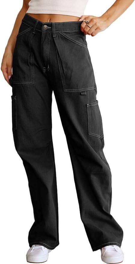 Dokotoo Women 6 Pockets High Waisted Cargo Pants Wide Leg Casual Pants Combat Military Trouser US 4-18