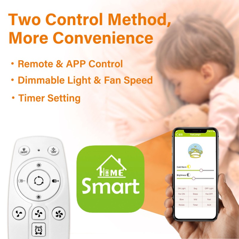 TCFUNDY LED Ceiling Fan with Light Phone APP & Remote Control Ceiling Fan Lamp