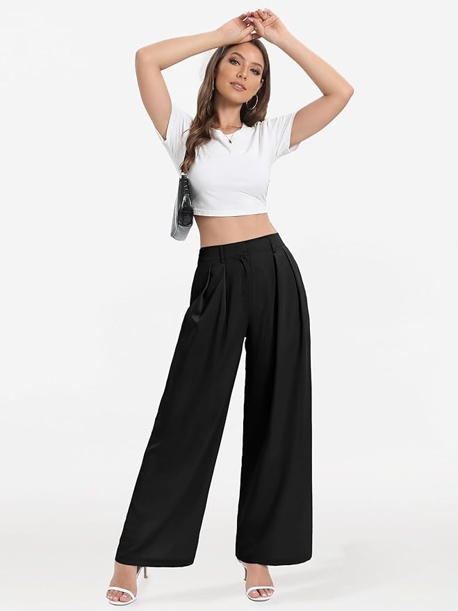 NIeyook Women's Wide Leg Pants Elastic High Waisted Trousers Business Work Casual Pants with Pockets