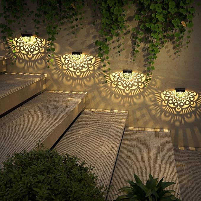 EKQ 6 Pack Solar Fence Lights Solar Outdoor Wall Lights Plastic Solar Powered Deck Step Stair Lights Moon Theme Waterproof Fence Solar Light for Garden Post Patio Backyard Yard Decor (Black, 6 Pack)