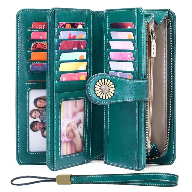 Sendefn Wallets for Women Genuine Leather Credit Card Holder with RFID Blocking Large Capacity Wristlet