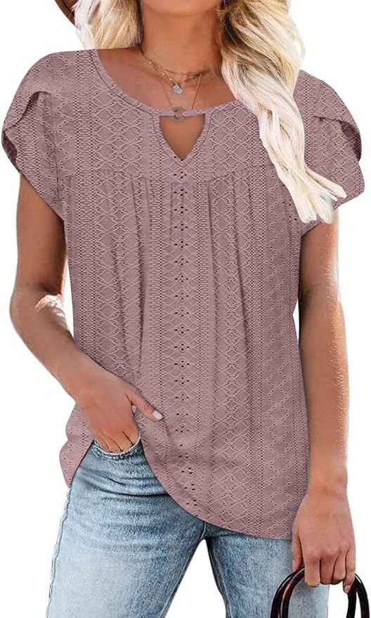 Womens Summer Tops 2023 Casual Dressy Short Cap Sleeve Shirts Pleated Fashion Floral Print Chic Hollow Loose Fit Cute Tops