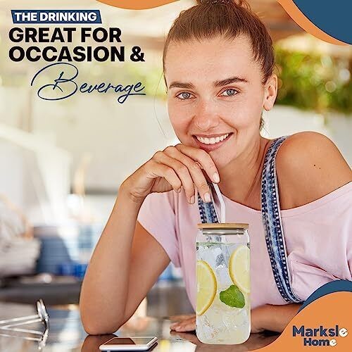 Marksle Home Glass Cups - Glass Cups With Lids And Straws - 16oz Iced Coffee ...