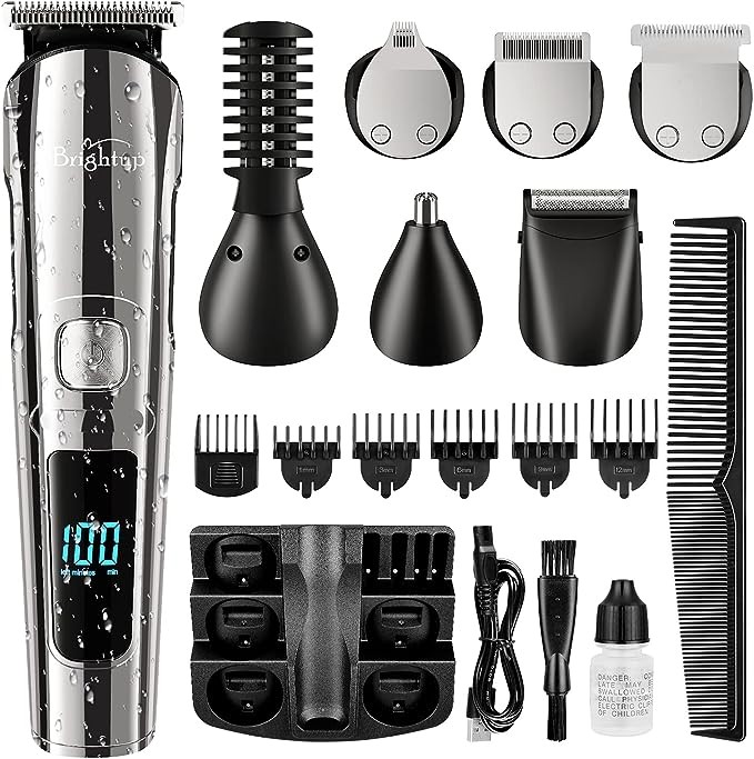 Brightup Beard Trimmer for Men - 19 Piece Mens Grooming Kit with Hair Clippers, Electric Razor, Shavers for Mustache, Body, Face, Ear, Nose Hair Trimmer, Gifts for Men, USB Rechargeable & LCD Display