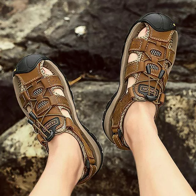 asdoklhq Men's Sandals Arch Support,Men's Outdoor Men's Leather Non-slip Anti-kick and Anti-collision Beach Sandals