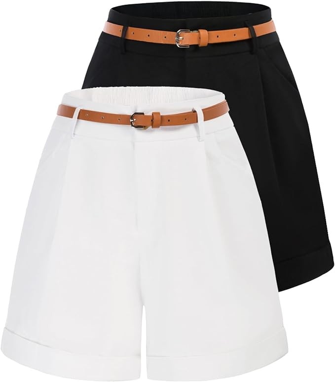 Belle Poque Women Bermuda Shorts Elastic Waist Wide Leg Shorts with Pockets & Belts