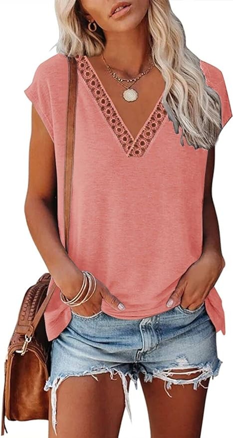 ETCYY Womens Summer Tops 2023 Trendy Tank Tops Loose Fit Lace Floral Print Cap Sleeve T Shirts Blouses