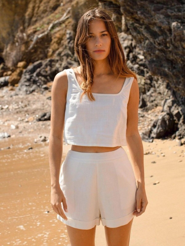 100% Organic Cotton Linen Two Piece outfits Women Linen shorts set crop tank top