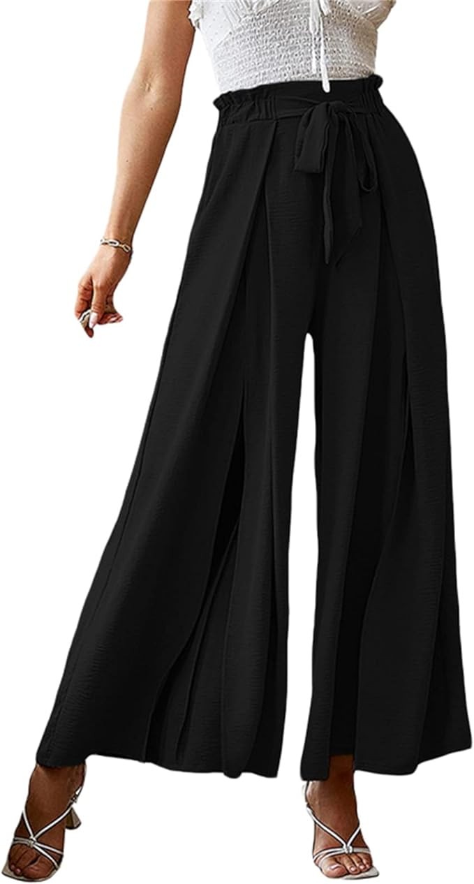 Juaugusep Women Wide Leg Long Trousers Casual Beach High Waist Palazzo Pants Loose Belted Summer Autumn Leisure Style