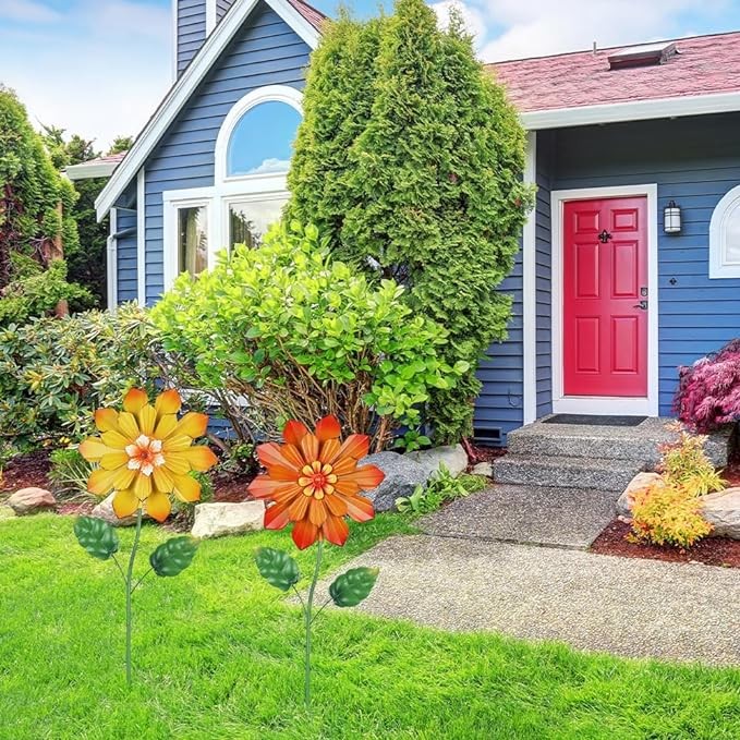 YEAHOME Garden Decor for Outside, Set of 2 Metal Flowers 23.6� Decorative Garden Stakes for Spring Decor, Yard Art Flower Stakes for Outdoor Lawn Backyard Porch Garden Decorations (Orange, Yellow)