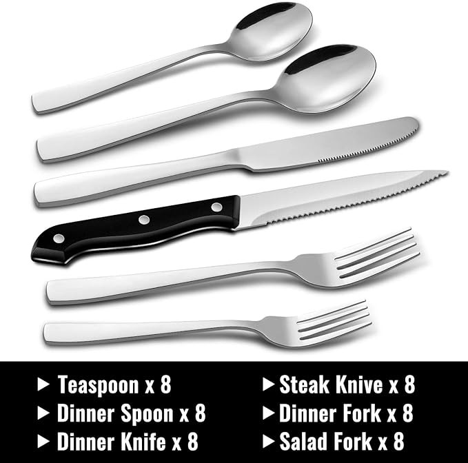 HIWARE 48-Piece Silverware Set with Steak Knives for 8, Stainless Steel Flatware Cutlery Set For Home Kitchen Restaurant Hotel, Kitchen Utensils Set, Mirror Polished, Dishwasher Safe