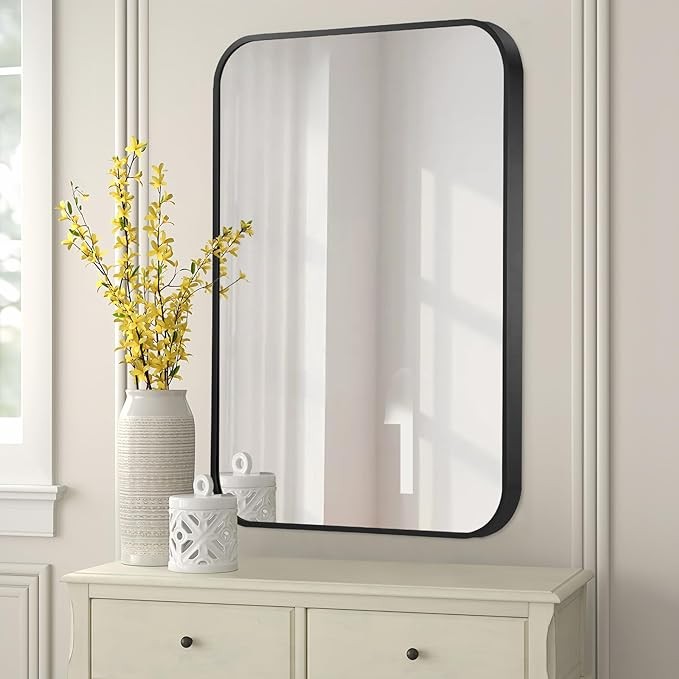 FARMER 20x28 Inch Rectangle Bathroom Mirror, Brushed Black Vanity Mirrors for Wall, Metal Frame Wall Mirror, Vanity Mirror with Round Corner for Bedrooms, Entryways, Living Rooms, Horizontal/Vertical