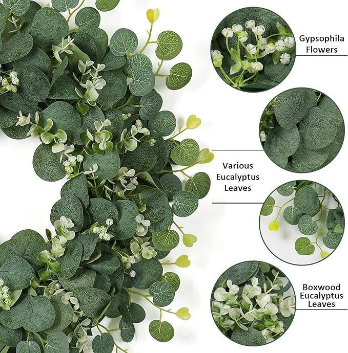 SOMYTING Green Eucalyptus Wreath, 20" Artificial Eucalyptus Leaves Wreath with with White Flowers Eucalyptus Leaves Gypsophila Garland Spring/Summer Wreath for Front Door Wall Window Home Decor