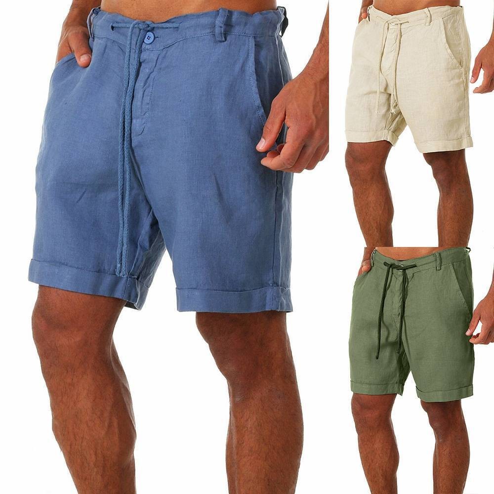 Mens Cotton Linen Shorts Elastic Waist Drawstring Summer Casual Loose Half Pants