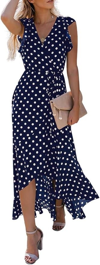 GRECERELLE 2024 Women's Spring Summer Boho Floral Print V-Neck Faux Wrap Maxi Dress for Wedding Guest, Graduation, Party