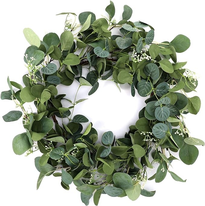 20 Inch Green Eucalyptus Wreath Artificial Hanging Greenery Wreath Ornament for Front Door Year Round Eucalyptus Leaves Garland Wreath (Warm Style