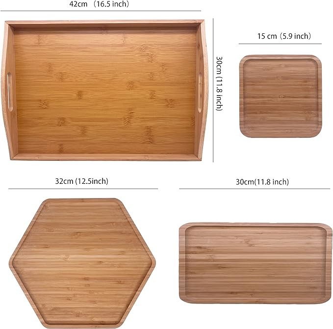 PAFREWOG Bamboo Serving Trays 16.5"x11.8"（42x30cm with Handle, Set Includes 1xHexagon 12.5"(32cm)+1xRectangle 9.8"(25cm)*5.9"(15cm)+1xSquare 5.9"(15cm) Dinner Plates Cheese Cutting Board
