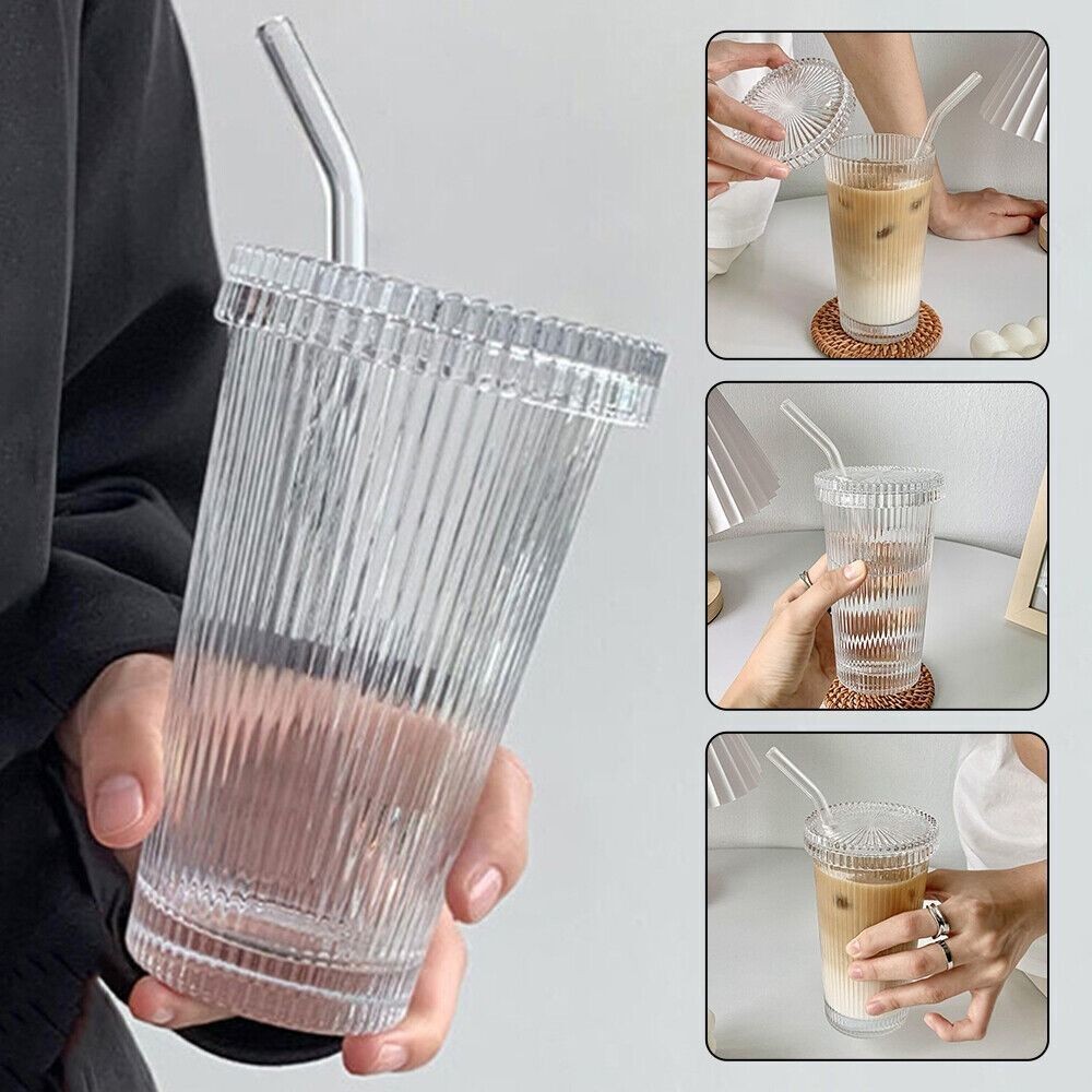 Transparent With Lid And Straw Mug Tea Cup Stripe Glass Cup Milk Coffee Mug