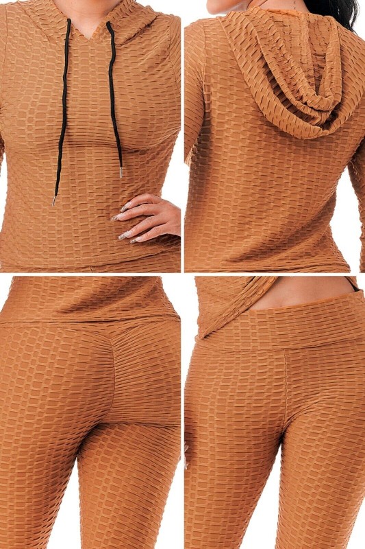 Women Texture 2 Piece Outfit Hoodie Top and Yoga Leggings Pants Workout Set