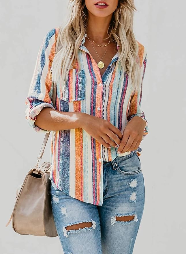 Astylish Womens V Neck Striped Roll up Sleeve Button Down Blouses Top