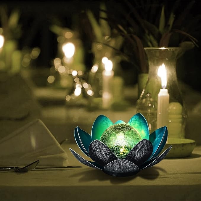 WNP Solar Lotus Flower Light Outdoor Decorations,Solar Outdoor Lights Decorative,Waterproof Glass Solar Powered Ball Decor Light for Outside with Metal Petal for Tabletop,Walkway Yard