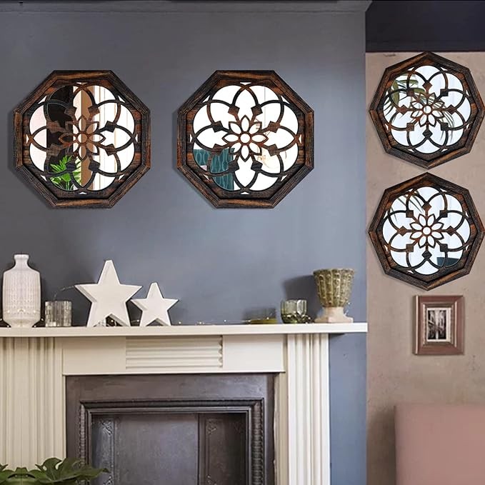 ZOLAPI 2-Piece Octagon Wall-Mounted Mirrors,Vintage Farmhouse Mirror for Wall Decor,Caramel Color Decorative Accent Mirror for Foyer, Bathroom, Bedroom. (12�x12�)