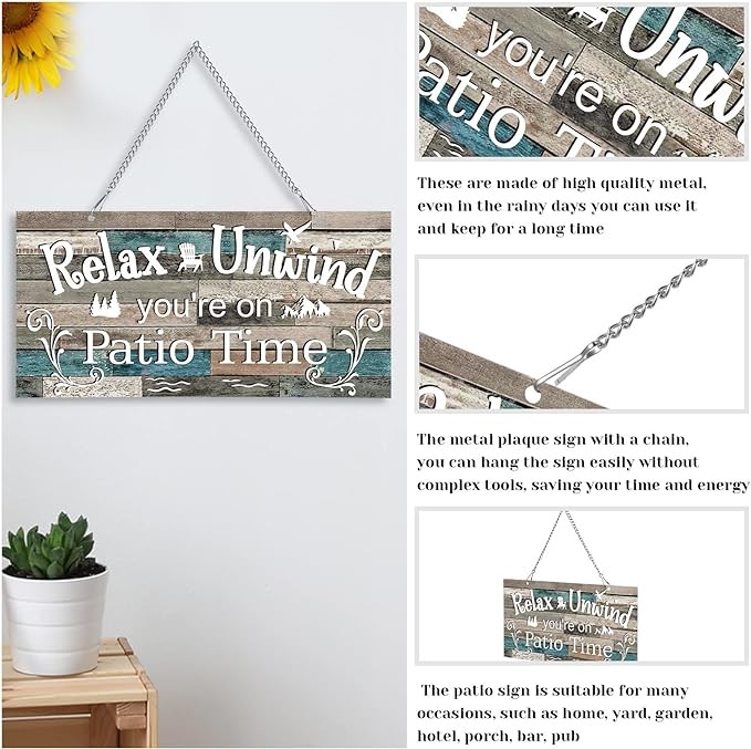 10 x 5 Inch Patio Wall Decor Hanging Wall Art Metal Plaque Signs Vintage Balcony Decor Retro Patio Accessories Relax Unwind You're on Patio Time with Chain for Home Pub(White Words with Vivid Base)
