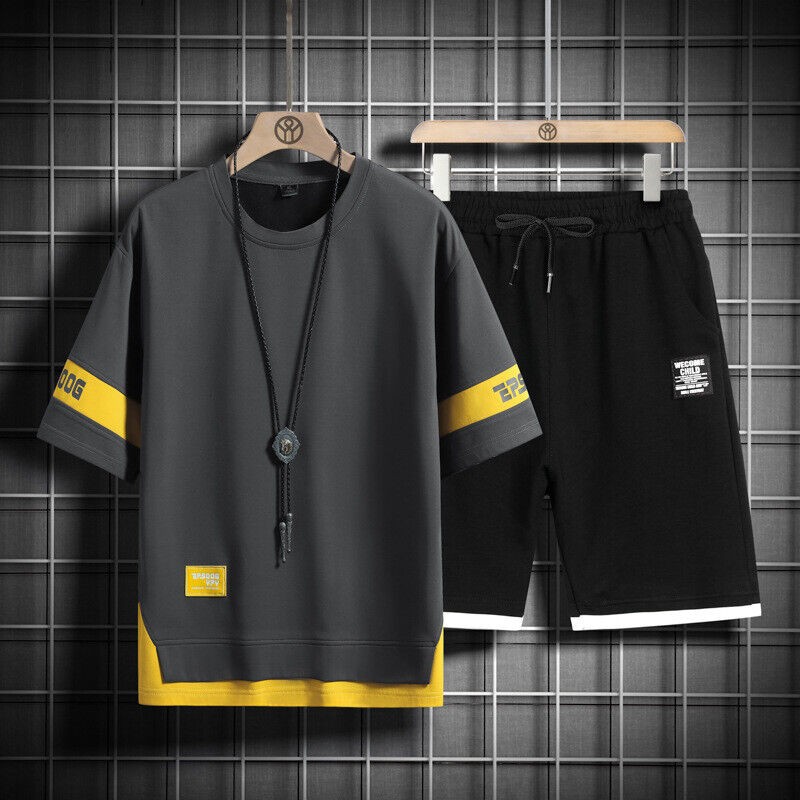 Mens Hip Hop Tracksuit T-shirt and Shorts Two Piece Set Patchwork Outfit Set