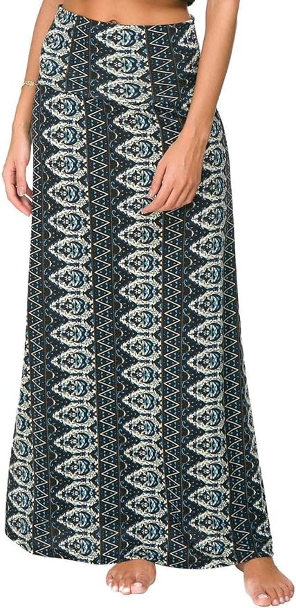 EXCHIC Women's Bohemian Style Print/Solid Elastic Waist Long Maxi Skirt