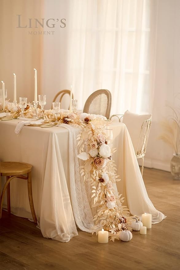 Ling's Moment Eucalyptus Garland with Flowers 6FT，Table Runner with Flowers Handcrafted Wedding Centerpieces for Rehearsal Dinner Bridal Shower | Beige