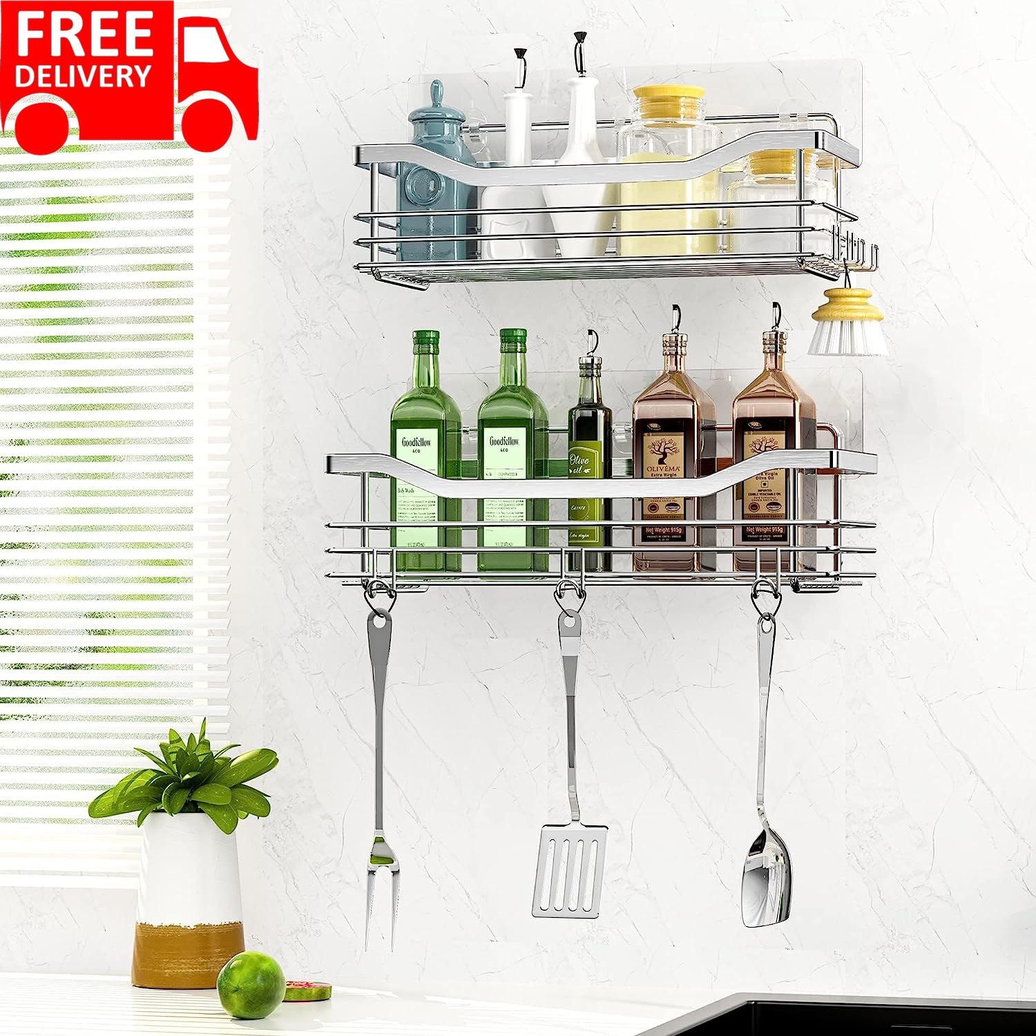 Shower Caddy Basket Shelf with 5 Hooks Adhesive Organizer Storage Rack Rustproof