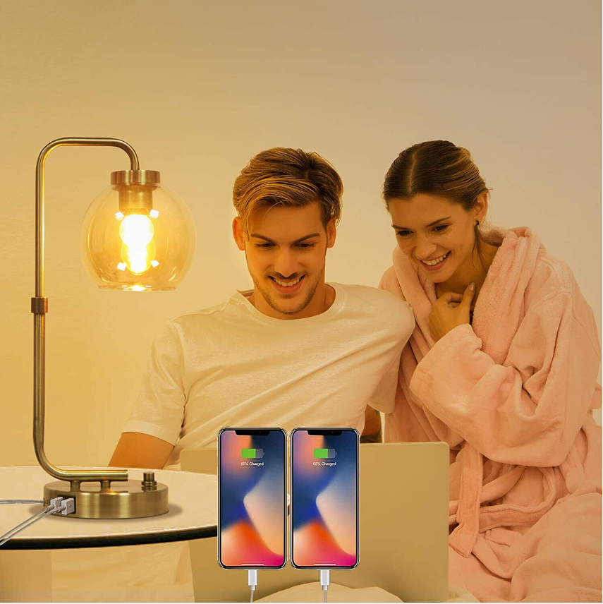 Industrial Table Lamp w/ 2 USB Ports, stepless dimmable Lamp w/ E26 Edison bulb