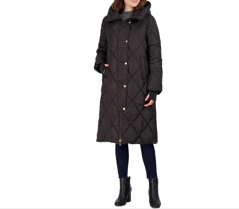 Via Spiga Women's Diamond Quilted Long Hooded Winter Puffer Coat